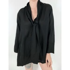 Elaine Kim Black Silk Front Tie Semi Sheer Stripe Quarter Sleeve Top Size 12